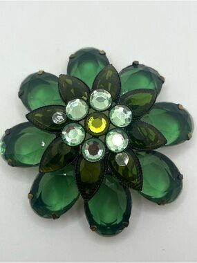 Vintage green lucite rhinestone flower brooch large statement pin mid century